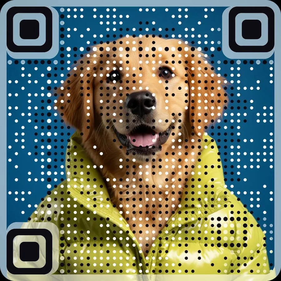 A golden retriever in a lime jacket as a scannable QR code
