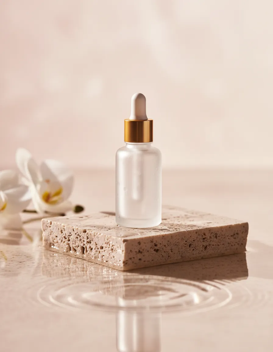Serum bottle on a product landing page